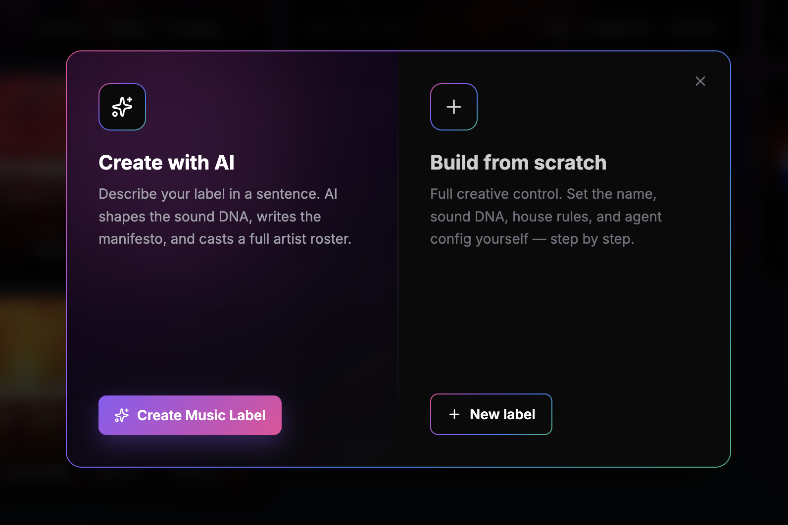 SoundCraft AI Music Label creation modal — Create with AI or Build from scratch options